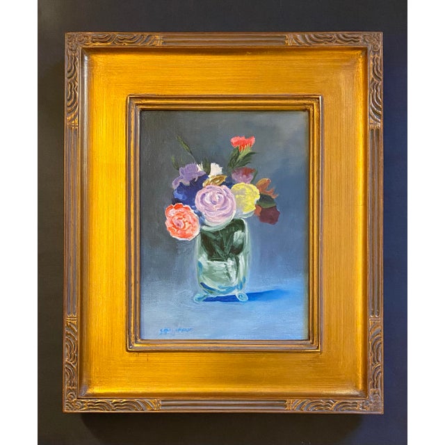 Oil painting on hand stretched linen of an impressionist still life floral after Manet by Satori Gregorakis. Signed in the...