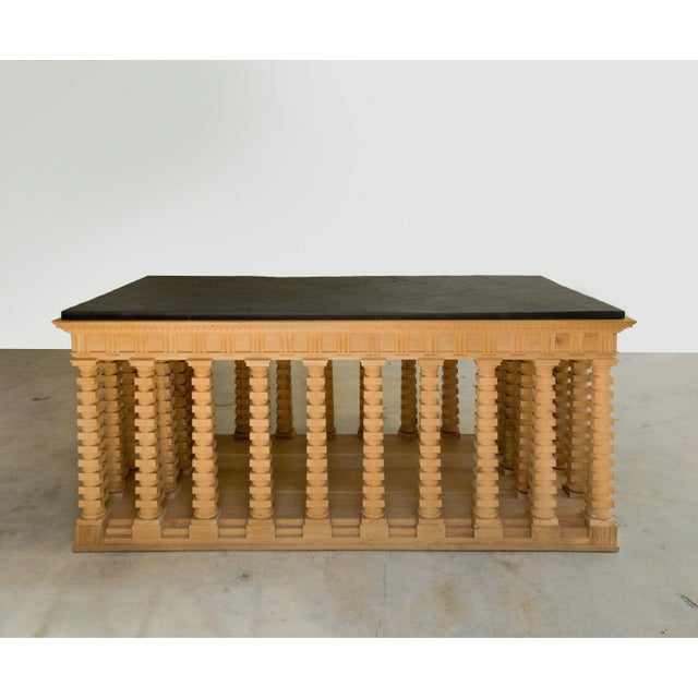 Dimensions: 77"w x 38"d x 33"h. Modern directoire limed oak colonnade center table with cleft slate top. France, circa...