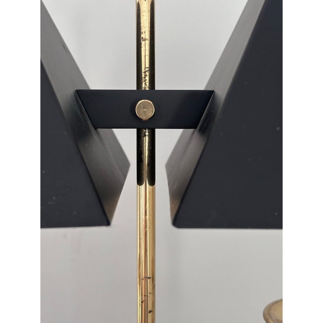 1980s Brass 2 Arm Bouillotte Lamp With Double Black Tole Shade For Sale - Image 5 of 12