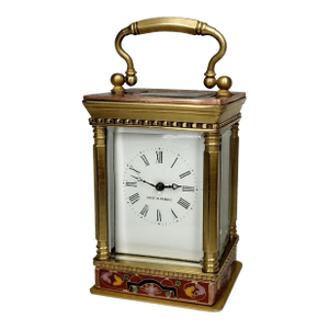 19th Century Small French Travel Brass and Cloisonné Enamel Carriage Clock Officer Watch