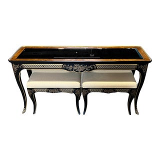 20th Century Chinoiserie Drexel Et Cetera Heritage Ebonized & Burl Wood Console Table & Stools - 3 Pieces For Sale