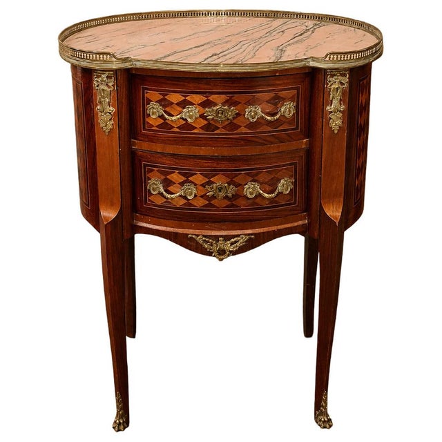 Wood Louis XV Style Kidney-Shaped Commode in Marquetry with Pink Marble Top and Bronze Details For Sale - Image 7 of 7