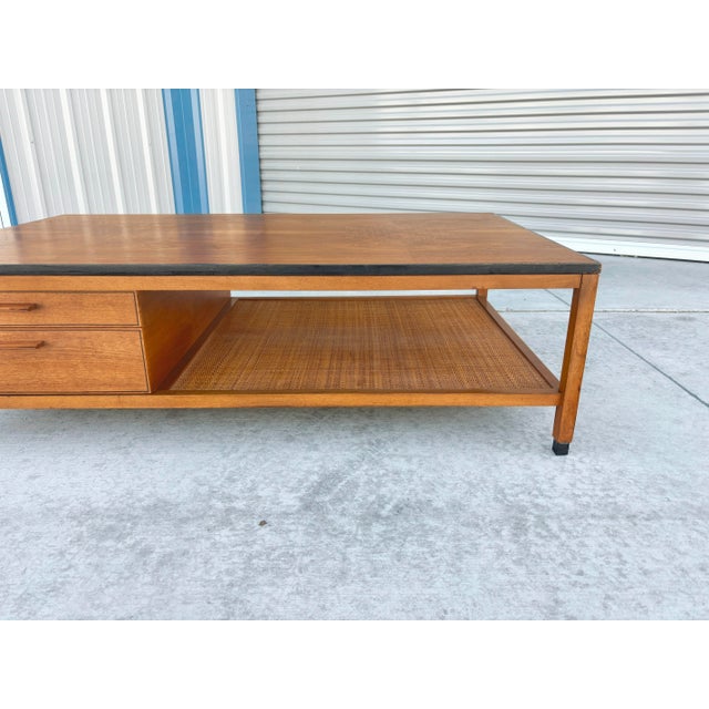 Mid-Century Modern 1960s Mid-Century Walnut Coffee Table With Four Drawers & Cane Shelf For Sale - Image 3 of 10