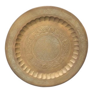 Vintage Indian Benares Brass Tray - 31" Large Round Hand-Etched Charger Tray For Sale