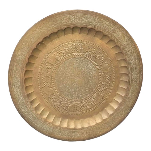 Vintage Indian Benares Brass Tray - 31" Large Round Hand-Etched Charger Tray For Sale