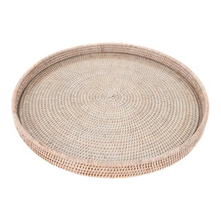 Artifacts Rattan Round Serving/Ottoman Tray with Glass Insert in White Wash - 19" For Sale