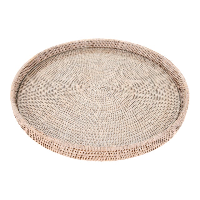 Artifacts Rattan Round Serving/Ottoman Tray with Glass Insert in White Wash - 19" For Sale