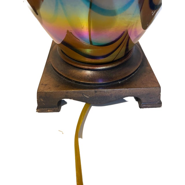 Amber Vintage Iridescent Art Glass Table Lamps-Murano Style Amber Feather Patten - A Pair For Sale - Image 8 of 17