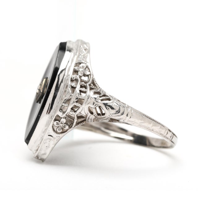 Vintage 14k White Gold Black Onyx & Diamond Navette Filigree Ring, Ring Size 6 For Sale - Image 4 of 6