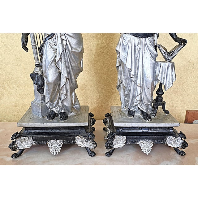 19th-Century Victorian Spelter Greek Muse & Classical Maiden Statues – Pair For Sale - Image 17 of 18