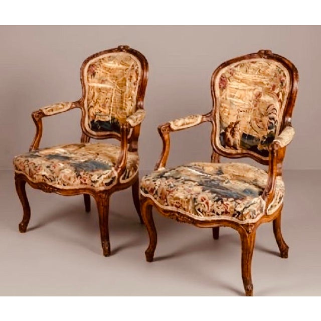 Pair of Early 19th Century French Louis XV Style Children's Armchairs, Aubusson Tapestry Fauteuils, Carved Walnut Cabriole Legs For Sale - Image 10 of 18