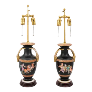 Pair of Vintage Mid 20th Century Classical Lamps, Dual Sockets With Pull Chains and Cord Switch