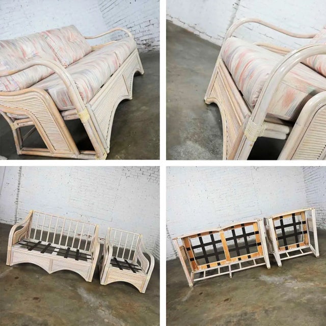 Cerused Reeded Rattan Love Seat & Lounge Chair Manner of Gabriella Crespi For Sale - Image 9 of 13