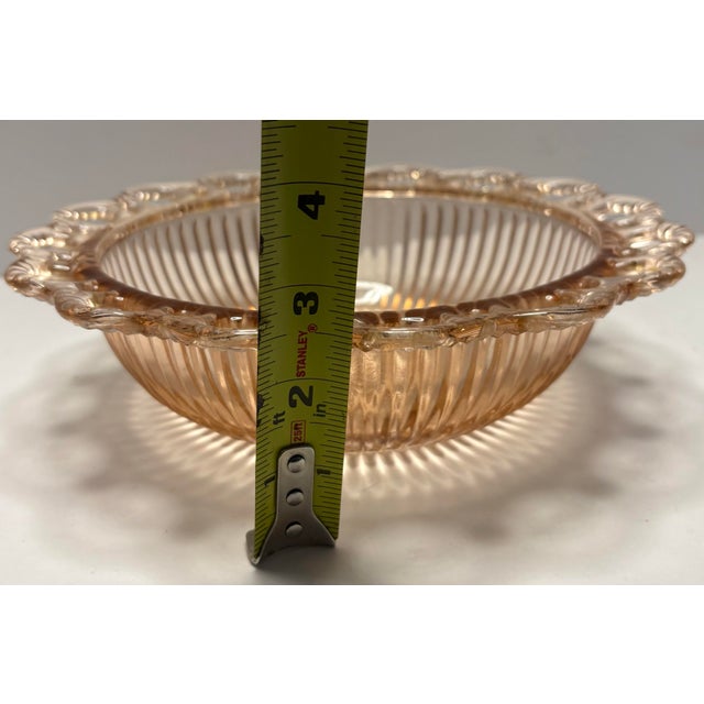 Glass Vintage Peach Pink Openwork Depression Glass Serving Bowl With Ribbed Sides & Starburst Bas For Sale - Image 7 of 7