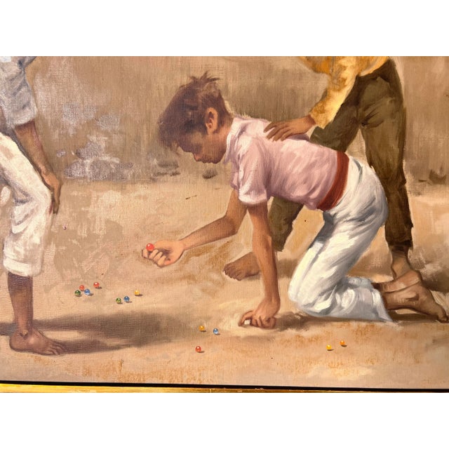 Textile 1960's Menoolla Children Playing Marbles Oil on Canvas Painting For Sale - Image 7 of 11