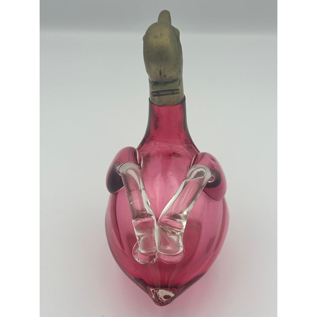Mid-Century Modern 1950s Mid‑Century Modern Czech Art Glass Duck Decanter With Brass Hinged Head — Pink & Clear Wings For Sale - Image 3 of 6