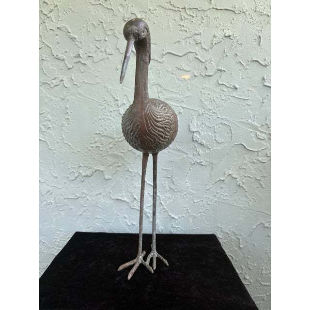 Mid 20th Century Pair of Vintage Bronze Patina Crane Sculptures in Complementary Poses For Sale - Image 5 of 12