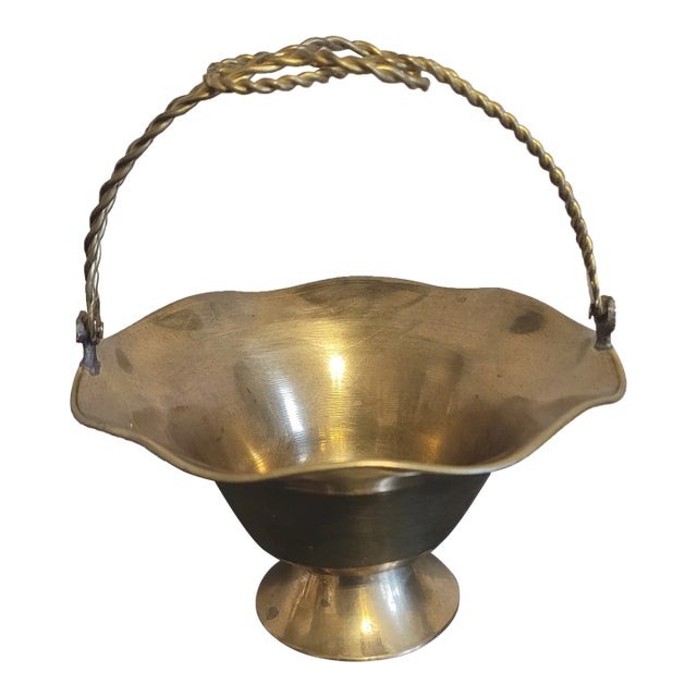Vintage Small Brass Basket With Swivel Handle For Sale