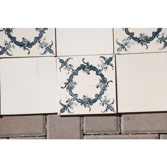 1920s Portuguese Antique Large Art Deco Floral & Plain White Tiles Set of 60 For Sale - Image 4 of 14