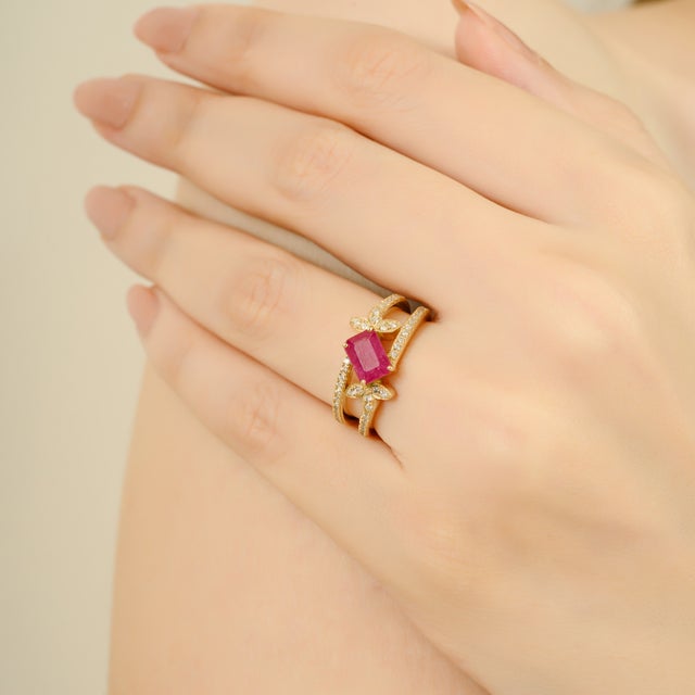 Not Yet Made - Made To Order 14k Gold Statement Ruby Floral Diamond Clutser Ring Size 7 For Sale - Image 5 of 14