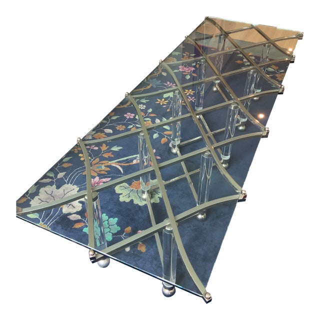 Charles Hollis Jones Nickel/Chrome and Lucite Treillage Cocktail Table For Sale