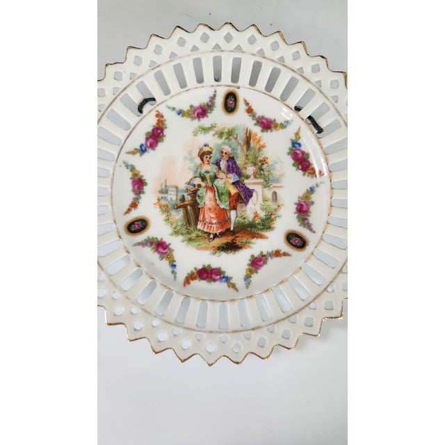 White Pair of Vintage German Reticulated Porcelain Courting Couple Cabinet Plates For Sale - Image 8 of 16