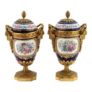 1880s Sevres Style Rococo Blue Porcelain Urns-Pair For Sale
