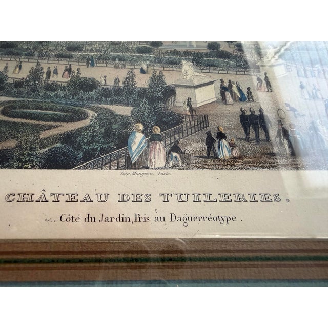 Antique hand colored lithograph on paper featuring the historic Tuileries Palace views and its gardens in Paris filled...