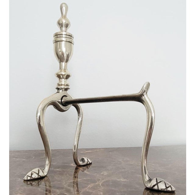 Pair of Brass Fireplace Andiron Set in Silver Antique Finish For Sale In Dallas - Image 6 of 7