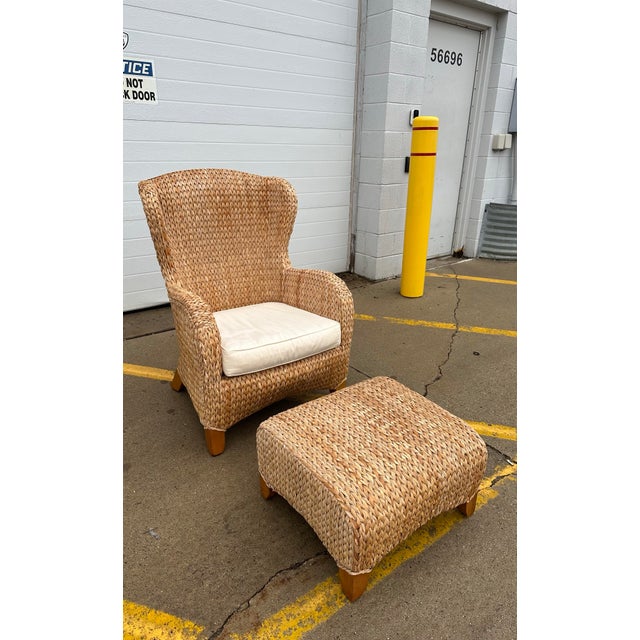 Textile Pottery Barn Seagrass Wing Chair and Ottoman For Sale - Image 7 of 9