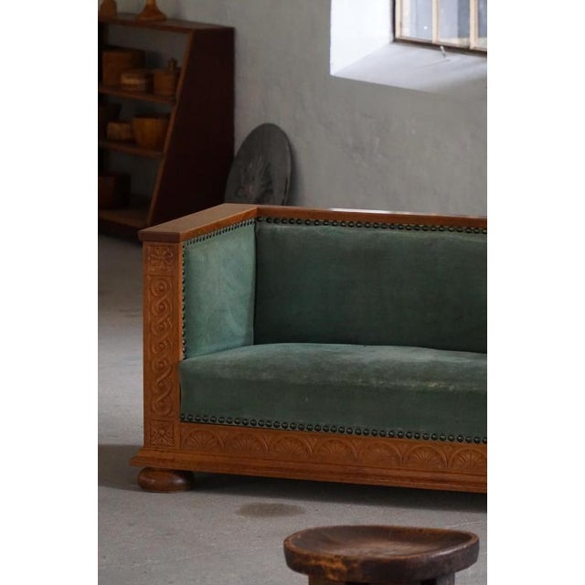 Traditional Vintage Danish Empire Sofa in Oak and Velour, 1920s For Sale - Image 3 of 16
