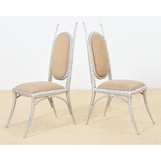 Set of Four Arthur Court Horned Antler Aluminum Dining Chairs For Sale - Image 11 of 12