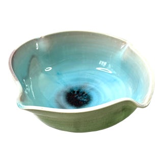 1990s Studio Pottery Turquoise Crackle Glaze Large Bowl, Signed For Sale