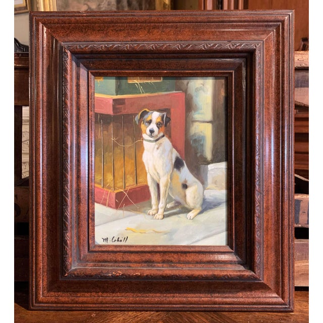 Oil on Canvas Terrier Painting in Carved Frame Signed M. Cahill For Sale - Image 4 of 7