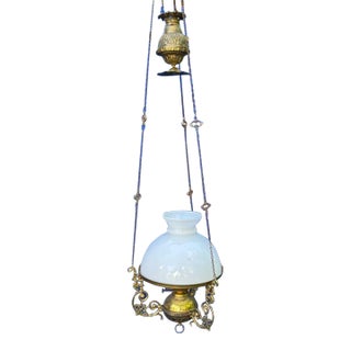 Vintage Brass Kerosene Library Lamp With Vintage Cased Glass Shade For Sale