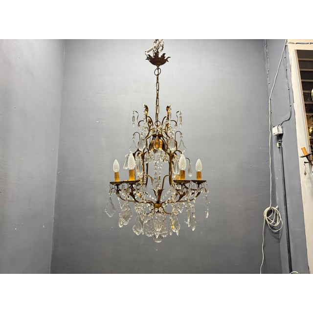 Large Gilded Florentine Tole and Crystal Chandelier, 1950s For Sale - Image 4 of 12