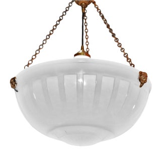 Vintage Art Deco Bronze and Moonstone Glass Rams Head Pendant Light, 1930s For Sale