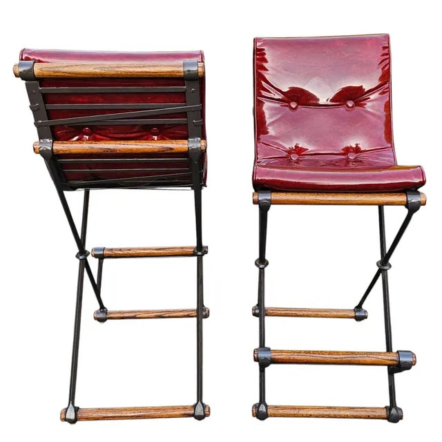 Cleo Baldon Mid 20th Century Pair of Campaign "X" Wrought Iron and Oak Bar Stools Attributed to Cleo Baldon for Terra of California For Sale - Image 4 of 11