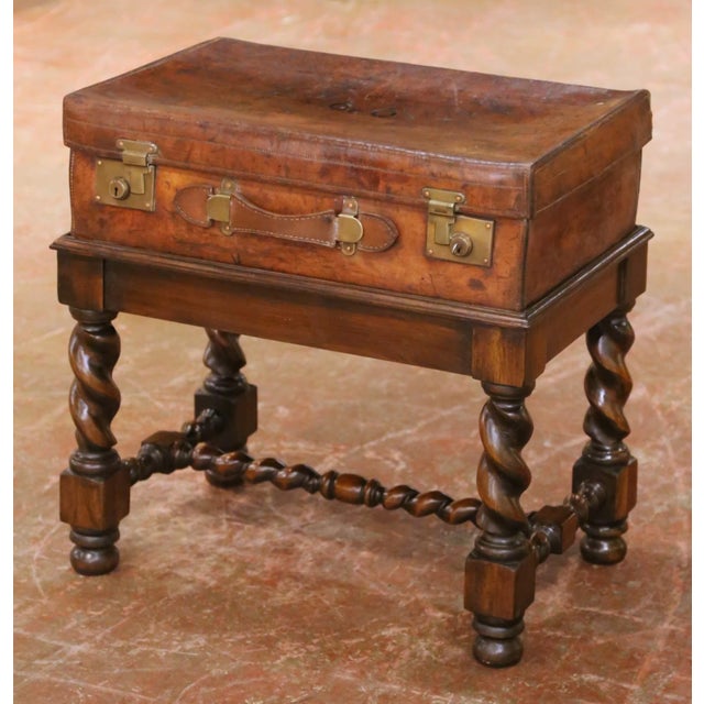 Late 19th Century 19th Century English Leather Suitcase on Walnut Stand Side Table For Sale - Image 5 of 13