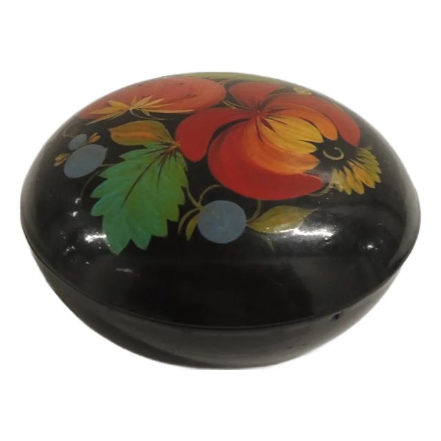 Black Lacquered Hand Painted Round Decorative Box For Sale
