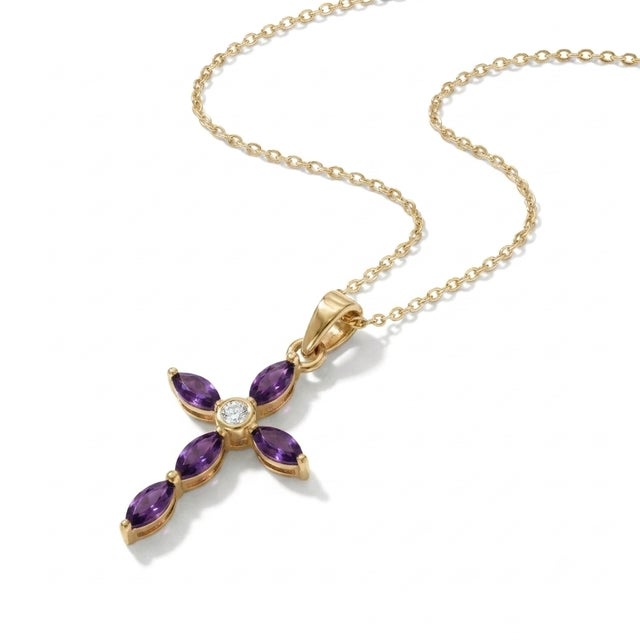 Vintage Amethyst Cross Pendant Necklace | Purple Stone Cross Christian Jewelry | February Birthstone Gift For Sale - Image 4 of 4