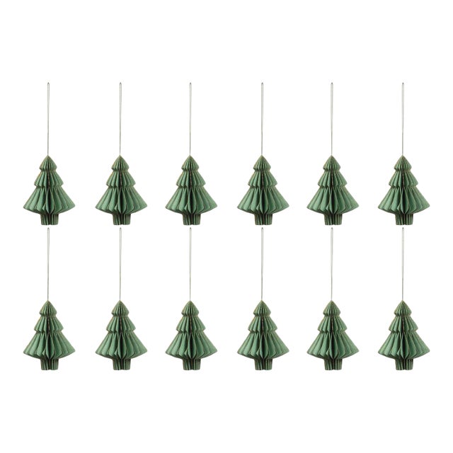 Miriam Paper Deco Tree Ornaments, Green, Set of 12, 5" For Sale