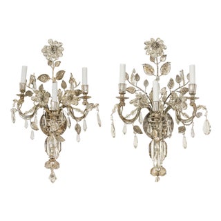 1940s Maison Baguès Crystal Three-Arm Sconces with Floral Motifs, US Wired For Sale