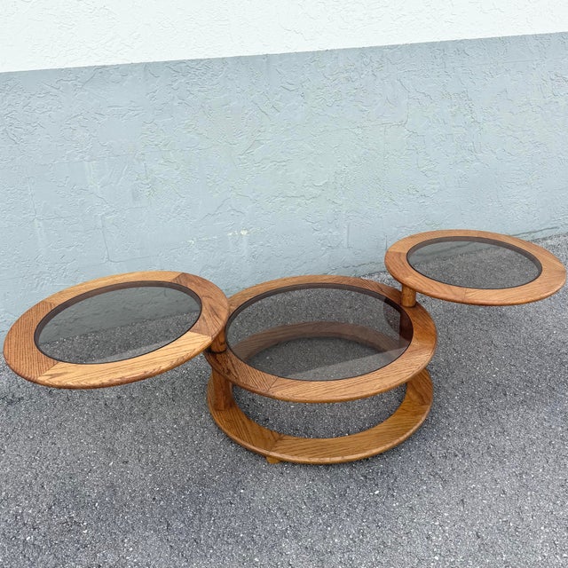 Mid Century Modern Three Tier Oak and Smoked Glass Swivel Coffee Table For Sale - Image 4 of 10