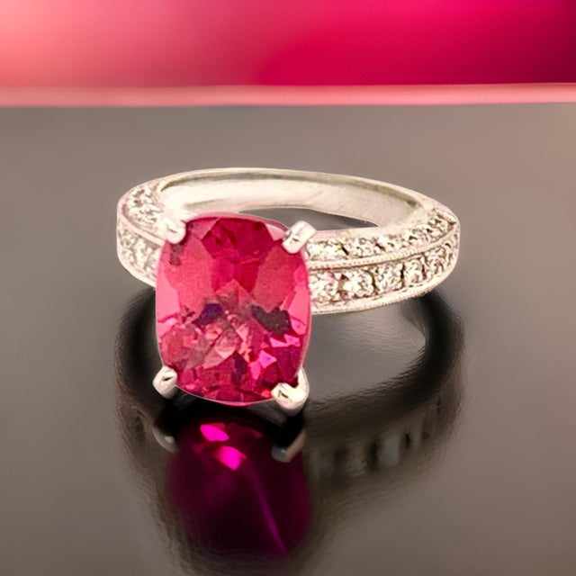 Metal Diamond Tourmaline Rubellite Ring 3 Platinum 3.72 TCW Certified For Sale - Image 7 of 17