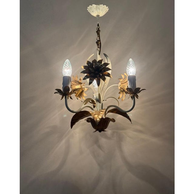 Hollywood Regency Cream and Gilt 3-Arm Chandelier with Floral Details, 1970 For Sale - Image 6 of 15