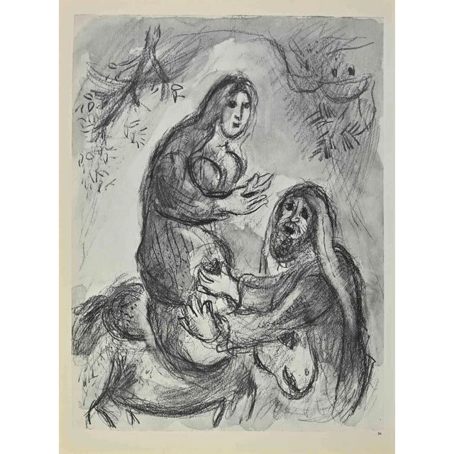 Rachel goes away with jacob is an artwork realized by march chagall, 1960s. Lithograph on brown-toned paper, no signature....