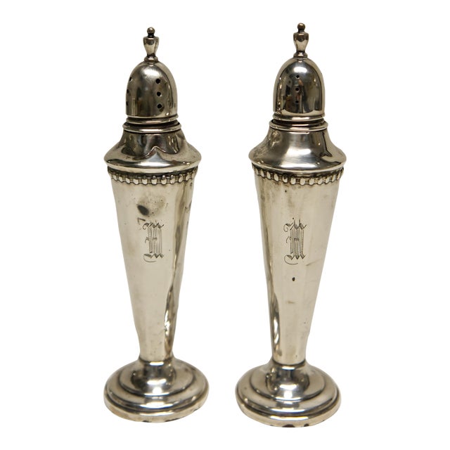 Monogramed "M" Weighted Sterling Silver Salt and Pepper Shakers For Sale