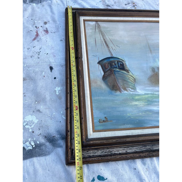 Blue Nautical Seascape Fishing Boats Framed Vintage Oil on Board For Sale - Image 8 of 9