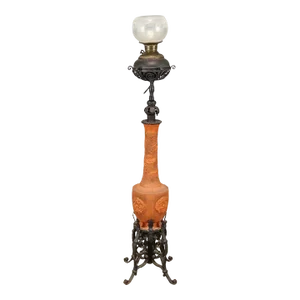 19th Century Dragon Motif Tokoname Meiji Era Electrified Japanese Oil Floor Lamp in Terracotta Red W